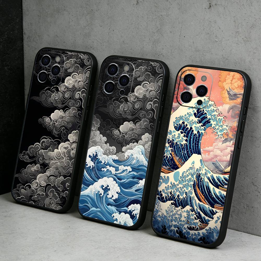 Японская живопись Укиё-э Волны Чехол для телефона Для iPhone 17, 16, 15, 14, 13, 12 Plus, Max Мягкий силиконовый Черный чехол