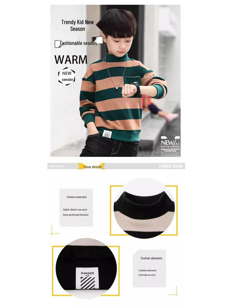 Boys' High-Neck Fleece Sweater - Thick Knitted, Trendy Base Layer for Autumn/Winter 2025