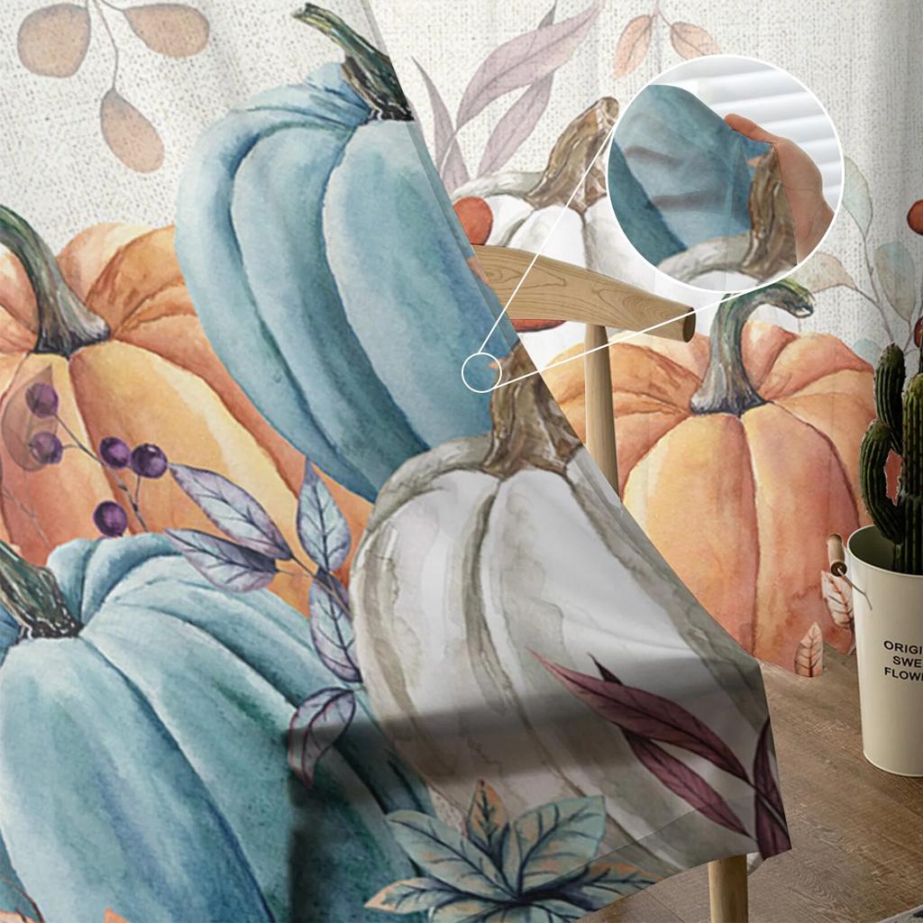 Autumn Thanksgiving Pumpkin Eucalyptus Leaves Window Curtains For Living Room Bedroom Kitchen Chiffon Sheer Window Treatment