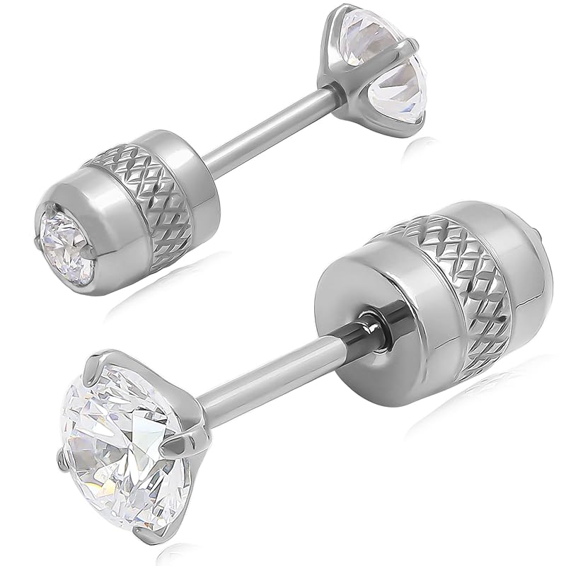 [Adelina Style] Pure Titanium Stud Earrings Popularity Leave It On Screw Type Catch Men's Ladies 1 Pair AAAAA Cubic Zirconia 20G Compatible with Metal