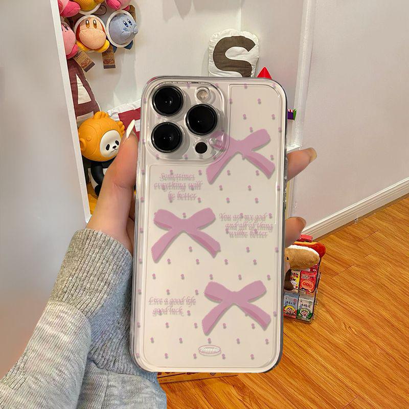 Transparent Polka Dot Pink Bow Phone Case for Apple 16 Pro Max, 14, 15, 16, 12