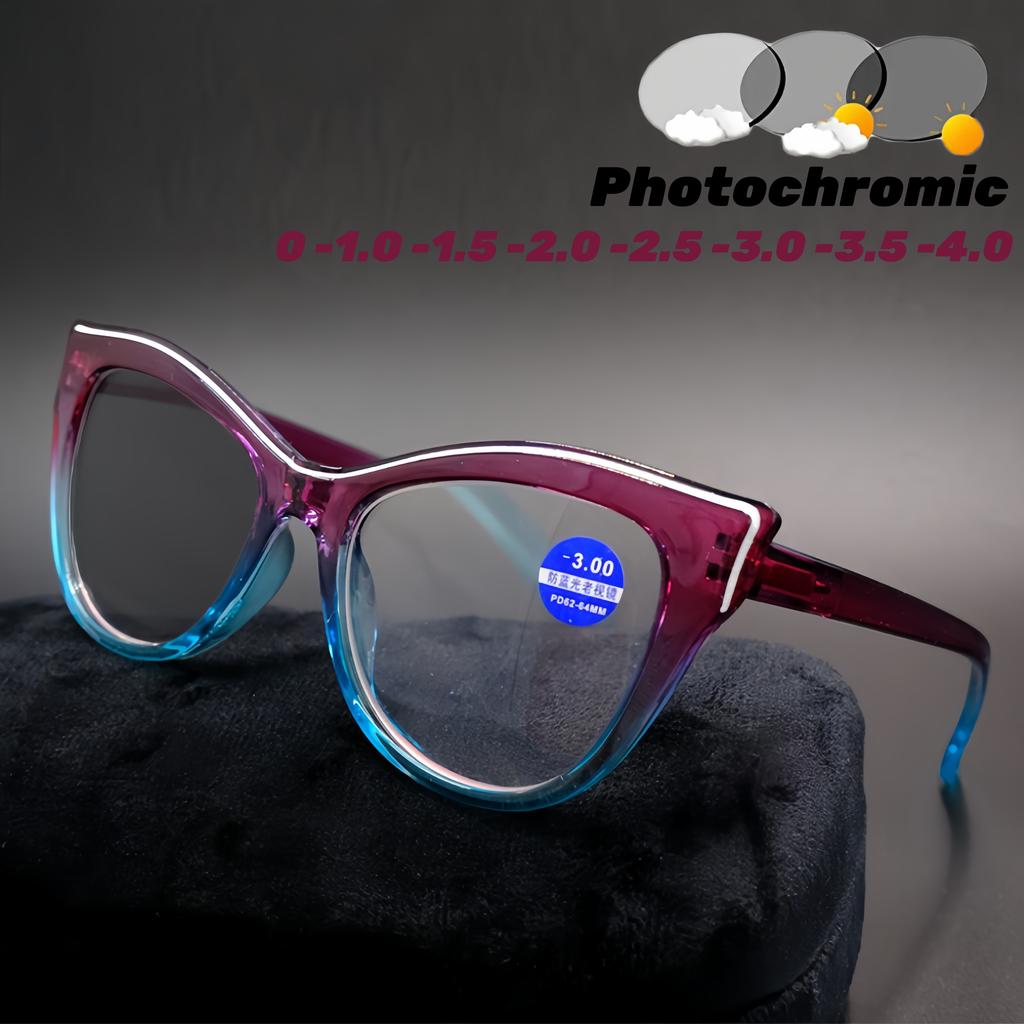Contrast Color Cat Eye Pochromic Myopia Glasses Indoor Outdoor UV Sunglasses Blue Light Blocking Computer Near Sight Glasses