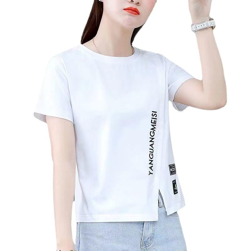 Woman's Tshirts Summer Split Hem Short Sleeve Letters O Neck Korean Style Casual Woman Top Tee Shirt