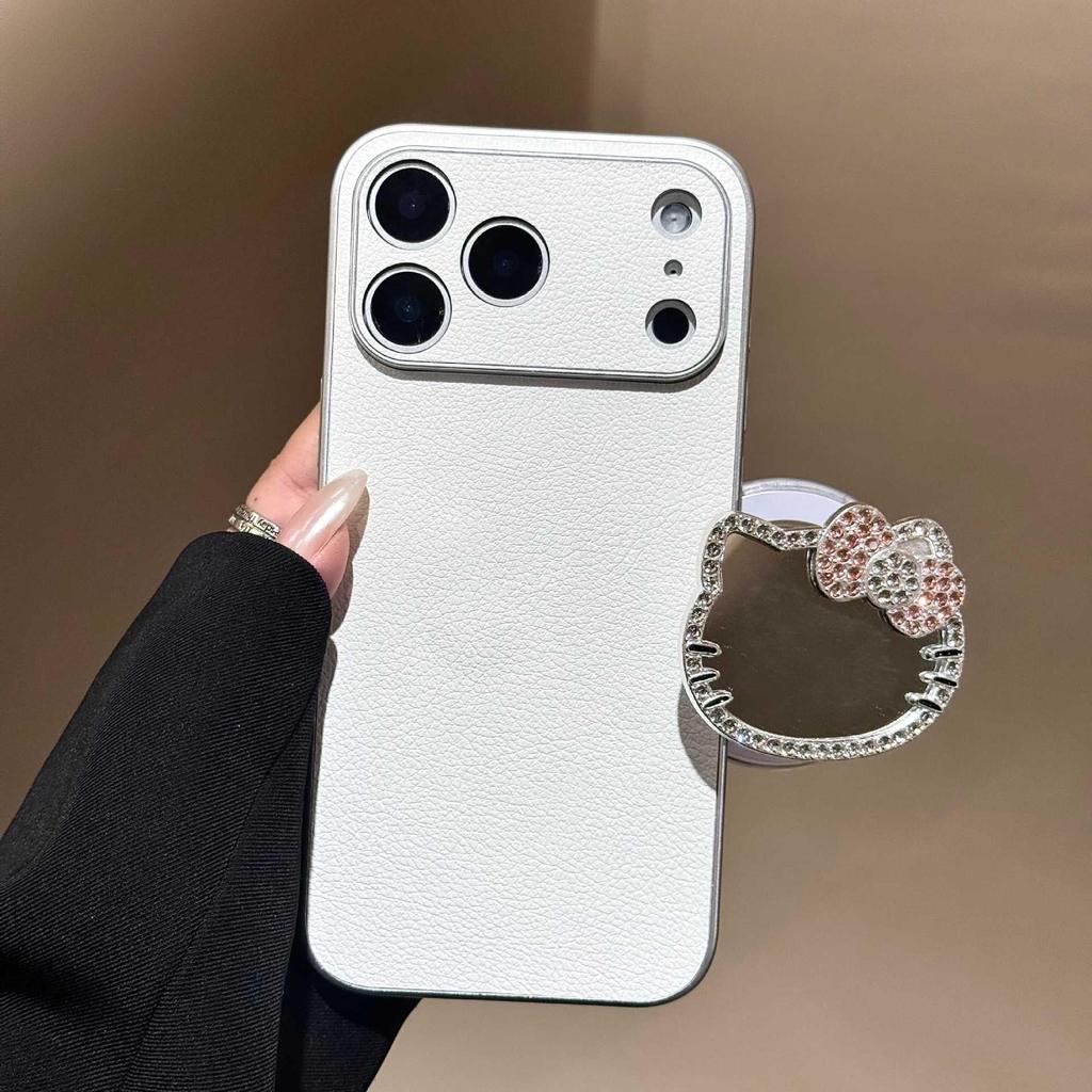 Премиальный чехол для телефона iPhone 17 Pro Max с КТ Кошкой, стразами, узором личи и магнитной подставкой