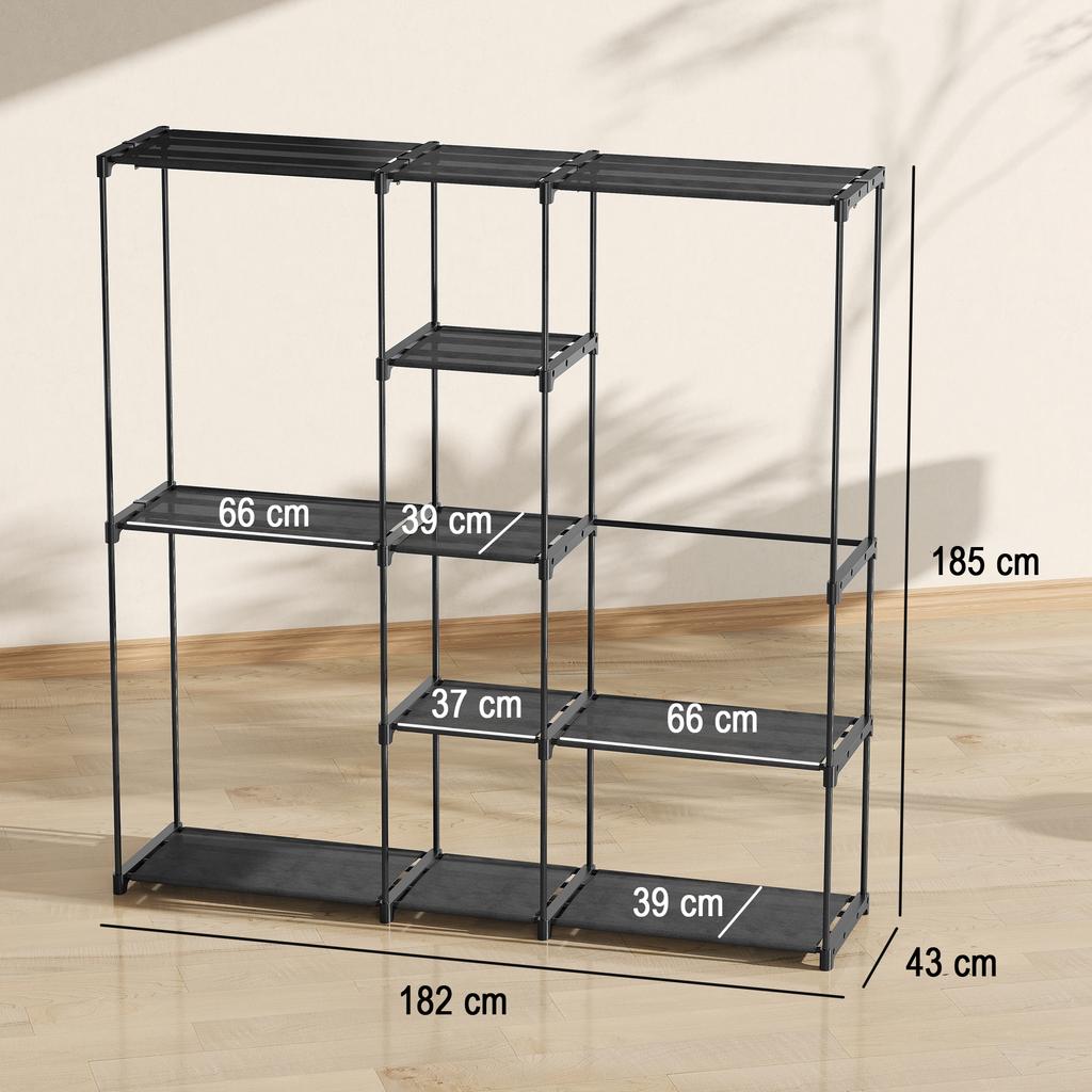 Portable Wardrobe, Open Clothes Wardrobe with 8 Shelves, 3 Hanging Rails, Black