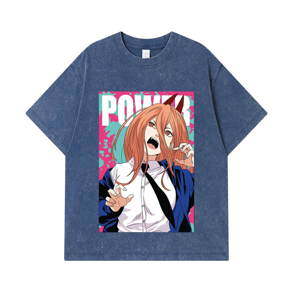 275 GSM Washed T-shirts 100% Cotton Chainsaw Man V49 Power Print Unisex Heavy Cotton T Shirt