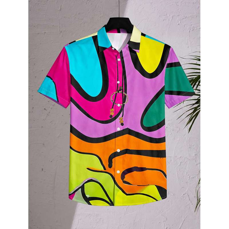 Women's Button Up Short Sleeve Shirt Color Block Graffiti Printed Top Versatile Casual Commuter Blouse Machine Washable