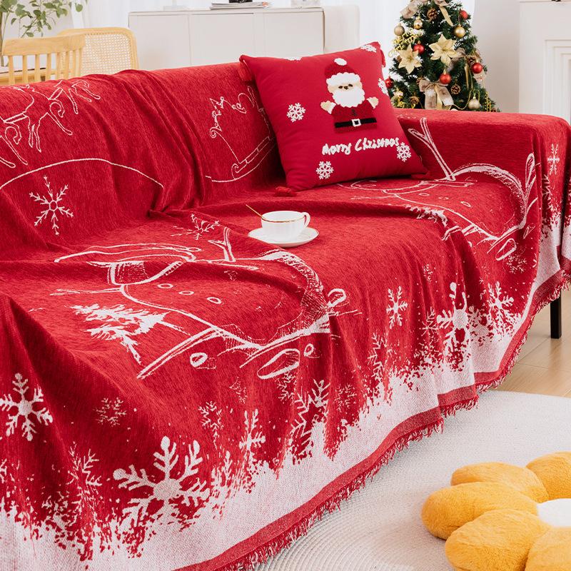 Рождественский красный чехол для дивана с кисточкой, диванное полотенце, можно стирать в машине, праздничная тема, чехол для дивана с красной решеткой для декора гостиной