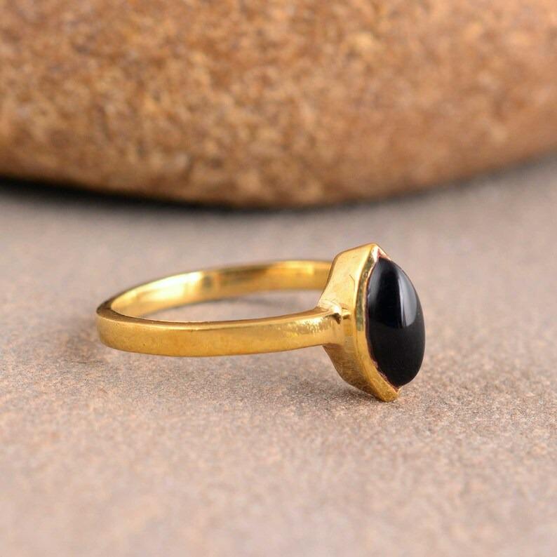 Black Onyx Gemstone Solid 925 Sterling Silver Marquise Gemstone Handmade Designer Yellow Gold Ring For Women