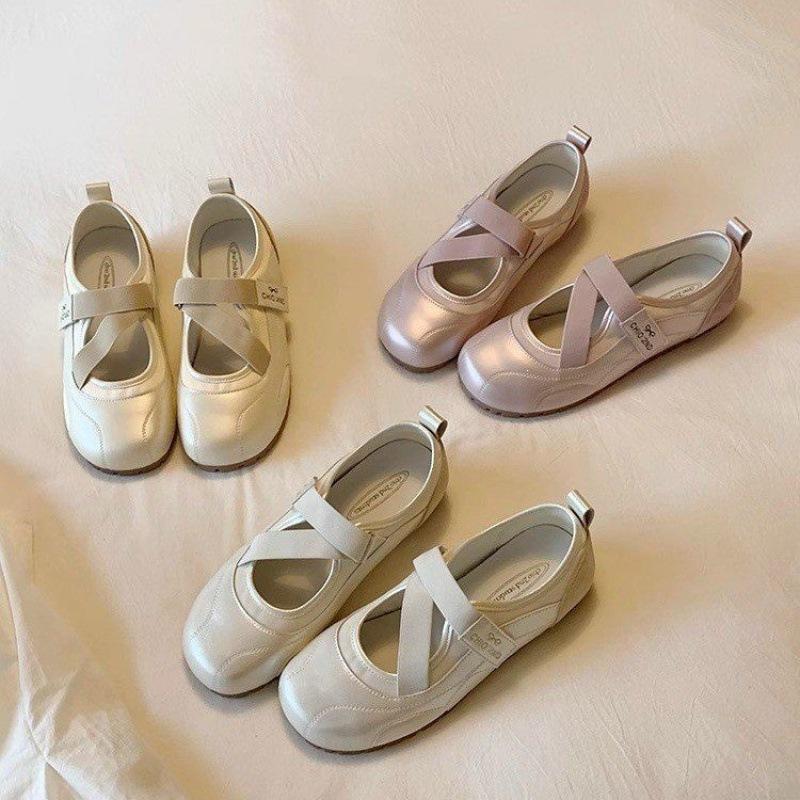 2026 new puff single shoes women's cross strap light-colored small leather shoes summer shoes with skirts flat shoes