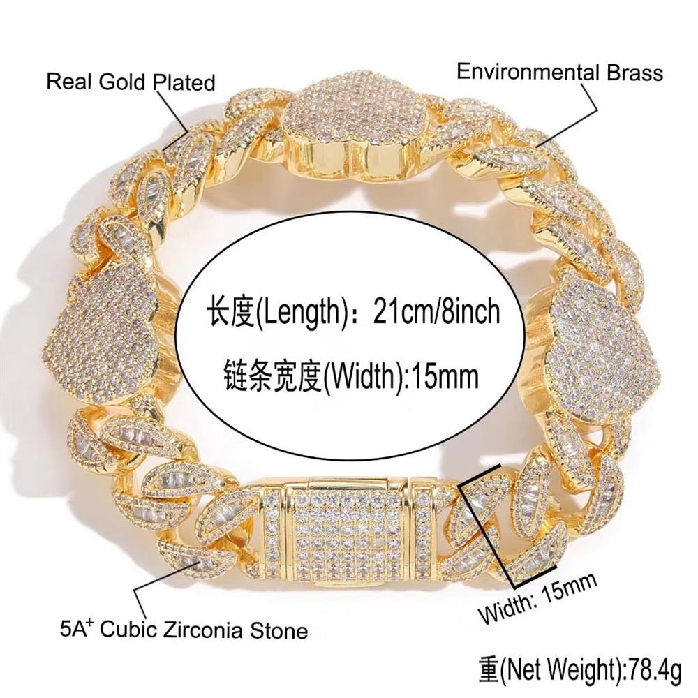 Hip Hop Fashion Couple Jewelry 15mm Bling CZ Iced Out Cuban Chain Heart Bracelet Heart Cuban Link Bracelet for Gift