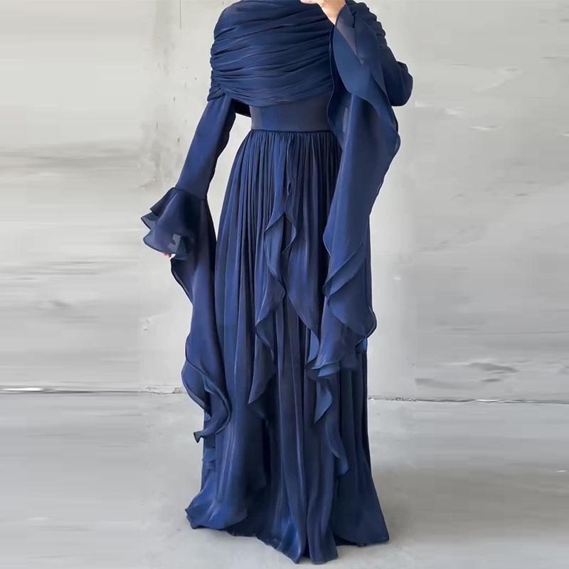 Женское formalное макси-платье с круглым вырезом и длинными рукавами, облегающего кроя, со средней посадкой, из плиссированного шифона, вечернее платье для гостей на свадьбу, банкета, осенних официальных мероприятий