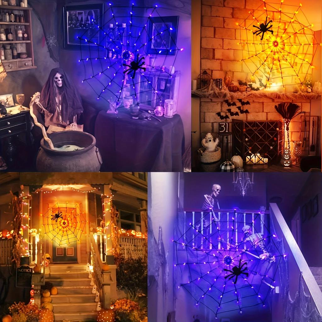 Battery Powered Halloween Spider Web Lights 70 LED Waterproof Cobweb Decorative String Lamp with 8 Modes For Haunted House Party