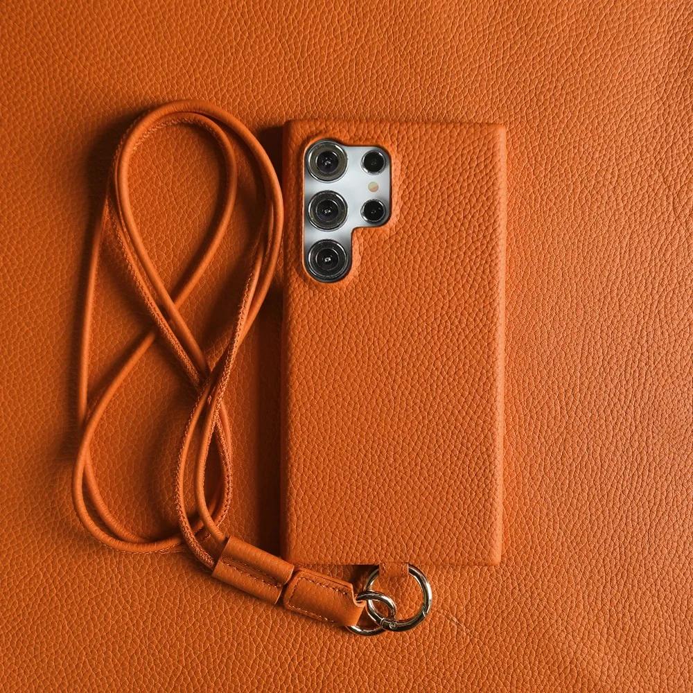 Lychee Grain Leather Case for Samsung Galaxy S26 Ultra S25 Edge S24 Plus S23 S22 S21 S20 FE Phone Cover with Crossbody Strap