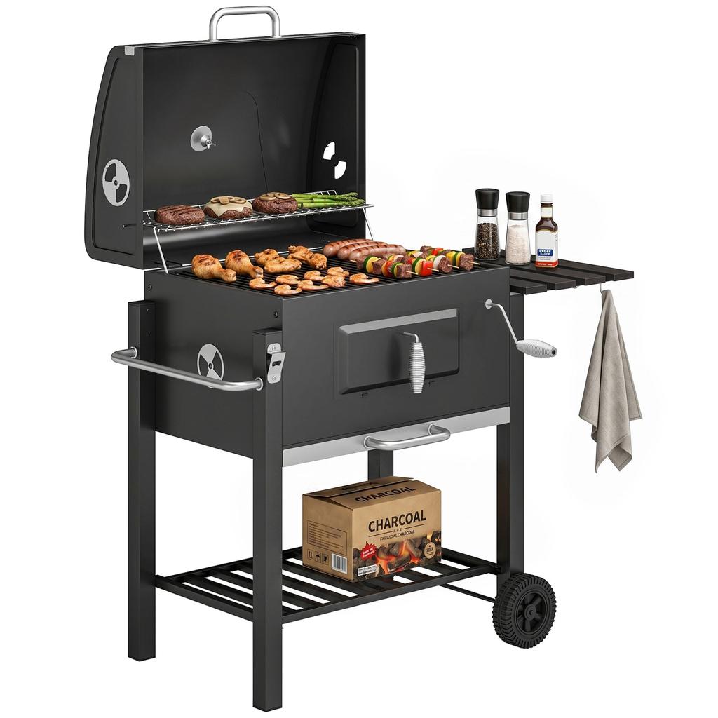 Charcoal Grill, with Height-Adjustable Coal Pan - Black