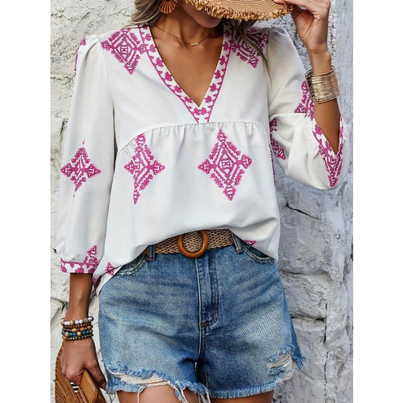 Женская рубашка, летняя модная, с принтом, с семью рукавами и V-образным вырезом