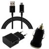 Pack Chargeur 3en1 [Compatible Huawei HONOR 5C-5X-6A-6C-6X-7-7A-7C-7S-7X-8X-9LITE] Cable + Chargeur Secteur + Allume Cigare Noir