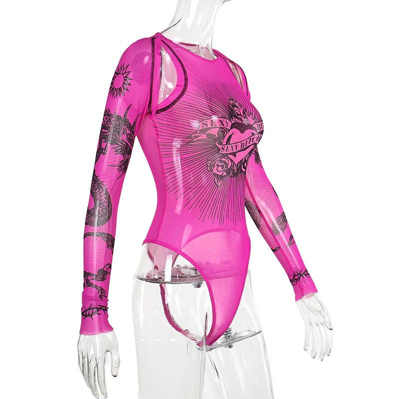 Европейский и американский хип-хоп напечатанный пикантный девчачий сексуальный базовый нерегулярный перспективный ажурный дизайн смысл женский комбинезон с длинными рукавами