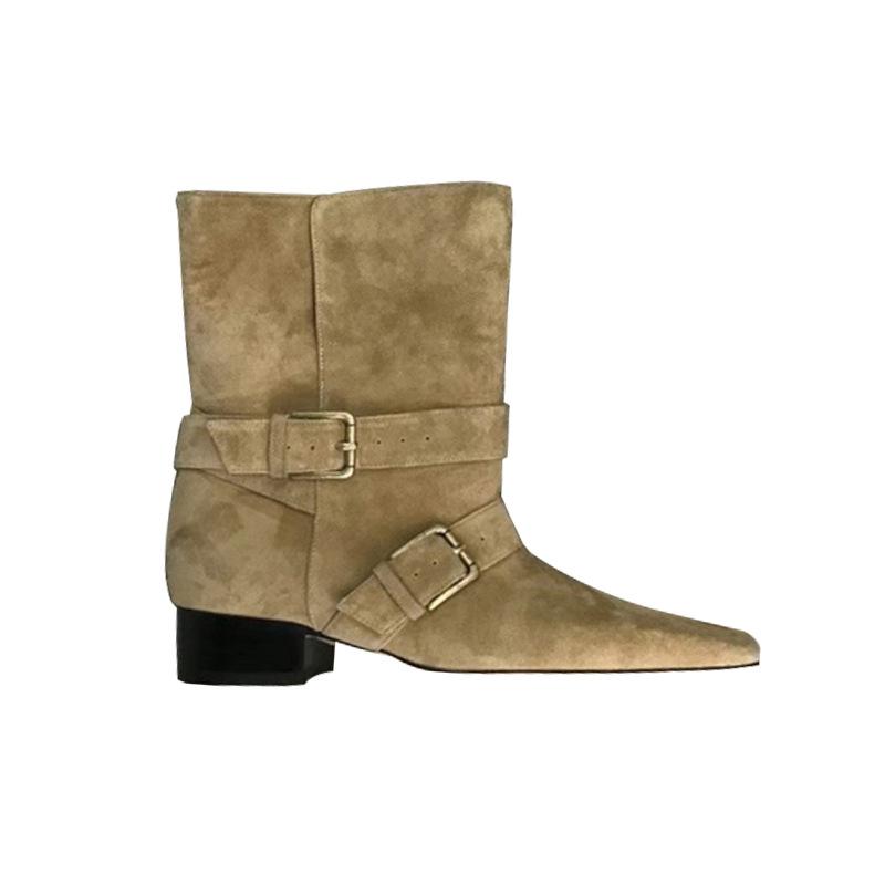 Cowhide Version~ Korean Version of Niche Street Shooting Catwalk Square Head Western Cowboy Boots Women's Thick Heel Leather Short Boots Fashion Wo