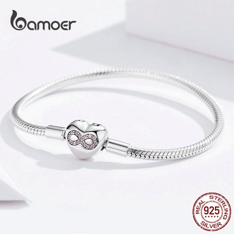 BAMOER Infinity Heart Bracelet Sterling Silver 925 Heart-shape Love Snake Bangle Bracelets 3mm for DIY Fine Jewelry SCB142
