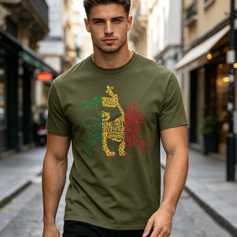 Reggae Rasta Lion Word Art Tshirt for Unisex Unisex Vintage Rock Band Tee Casual Short Sleeve Top