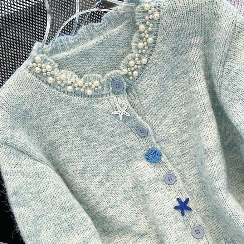 Button Decoration Women's Sweater Round Collar Ruffled Solid Color Long Sleeved Cardigan Korean Style Autumn New Version Sweet Woman Top