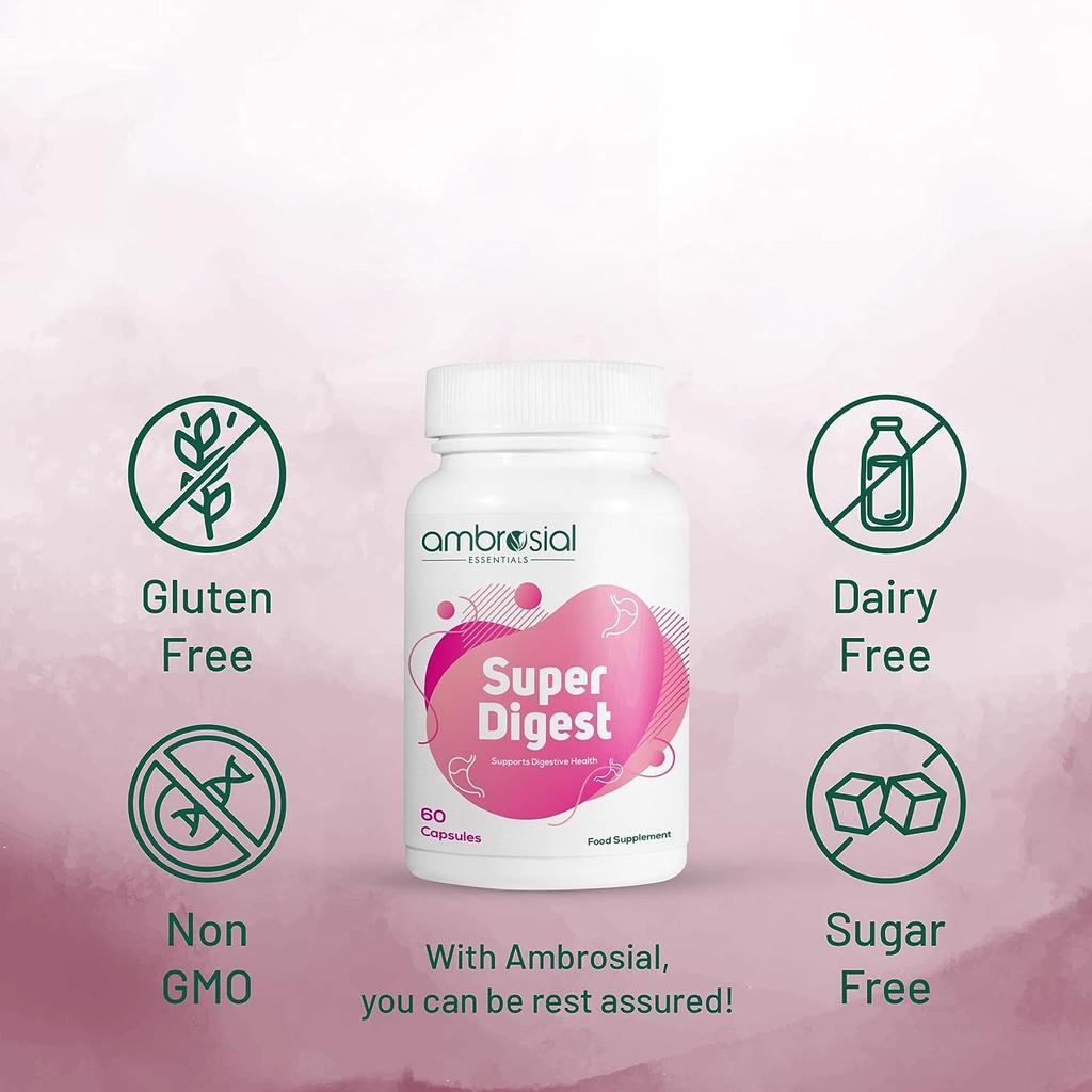 AMBROSIAL Super Digest с бетаином HCL, пепсином, бычьей желчью, панкреатином и L-глутаминовой кислотой, добавки для пищеварительных ферментов(Упаковка 1-60 капсул)