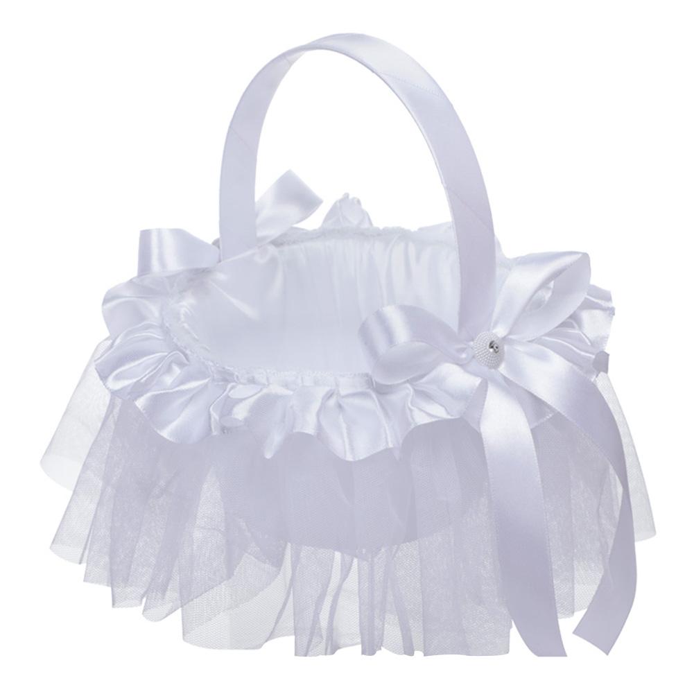 Свадебные корзины Белая корзина для девочек-цветочниц с бантом Сказочное кружево с декором из страз Белая свадебная корзина для девочек-цветочниц