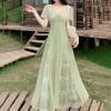 Women Elegant V-Neck Short Sleeve Casual Lace Splice Long Dress
