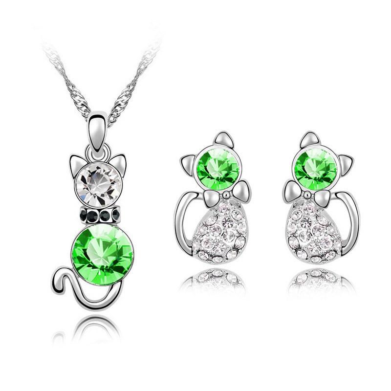 Crystal Cat 3pcs Shaped Necklace Earrings Jewelry Set  Gift Teen Girls Women For