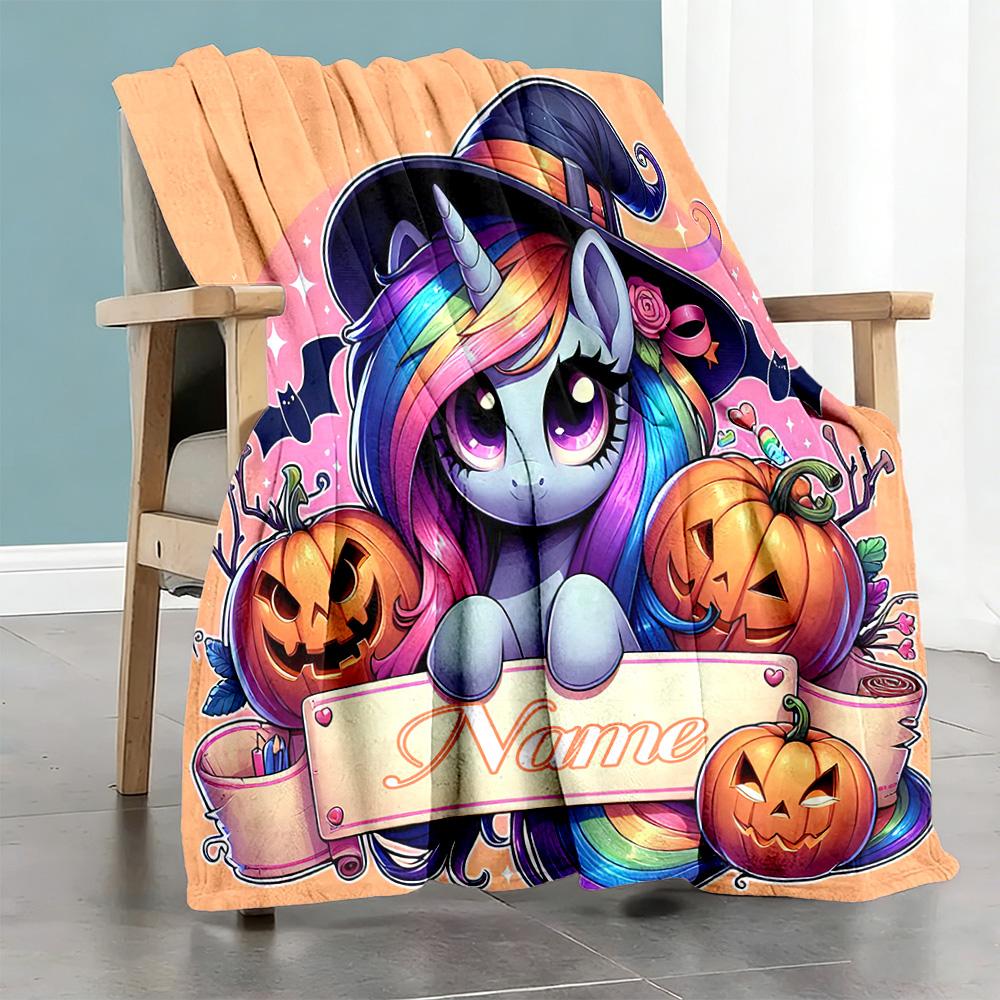 Unicorns Pumpkins Customize Your Name Blanket Throw Personalized Blanket Durable Comfort for Livingroom Chair Office Living Room Ideal for All Seasons
