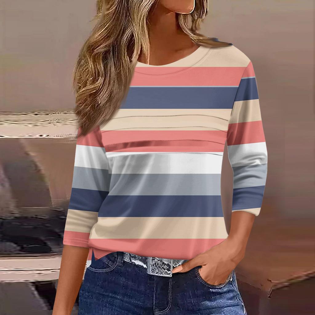 Женская мода повседневный свободный топ с рукавом 3/4 в полоску с круглым вырезом