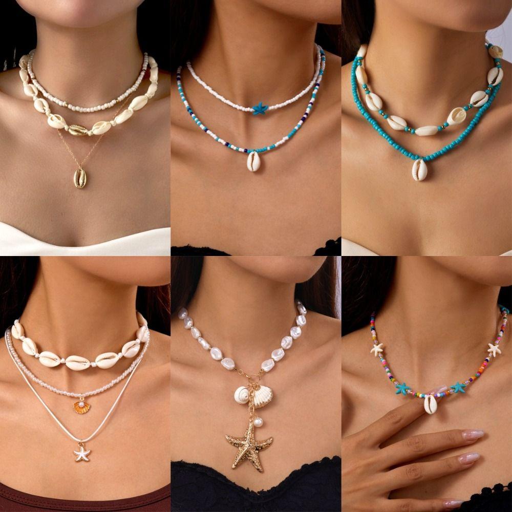 Цепочка для ключицы Starfish, двухслойная, винтажная, с ракушками, для свитера, для женщин