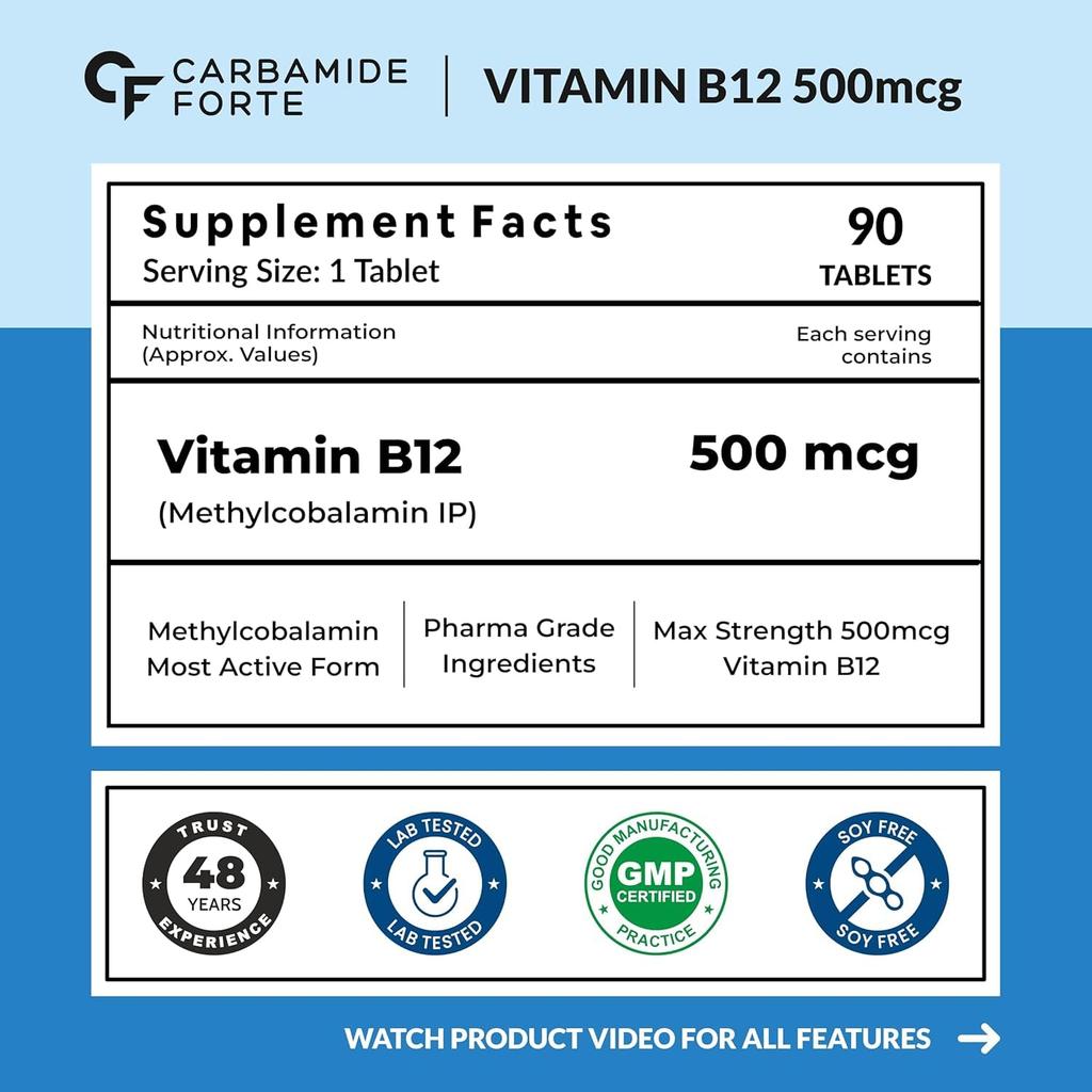 Carbamide Forte Vitamin B12 Tablets 500mcg Supplement for Men & Women 90 Veg Tablets Daily Energy