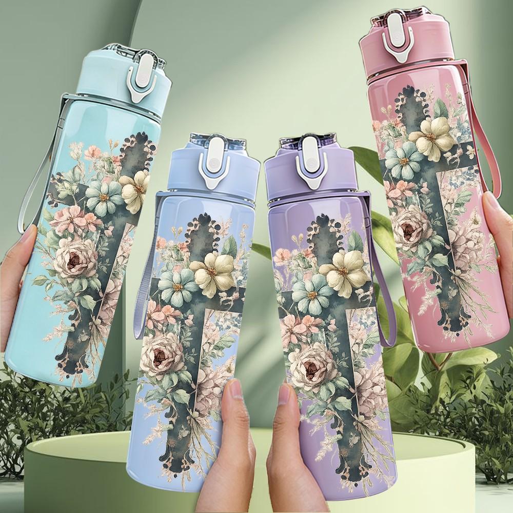 1PC Floral Cross Religious Faith Art Print 750ml Color Plastic Sports Water Bottle Leakproof Flip Straw Lid Suitable for Sports Office Home Use