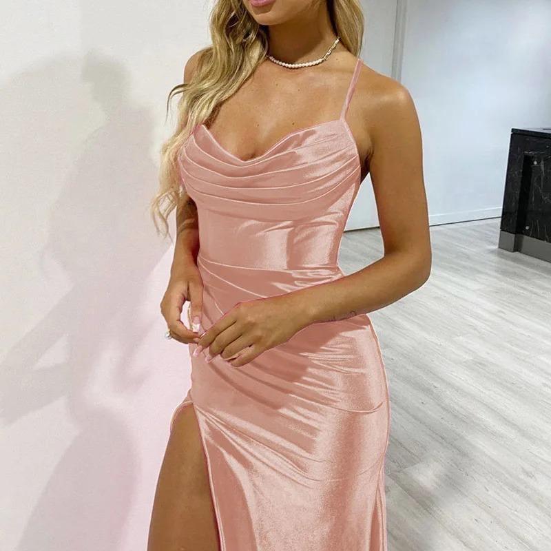 Женское весеннее усаживающееся плиссированное атласное платье с разрезом, сексуальное облегающее платье с запахом на бедрах