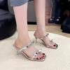 Fashion Bow Flip Slippers Women Summer Outside Wear New Square Toe Open Toe with Skirt Crystal High Heel Sandal Slippers