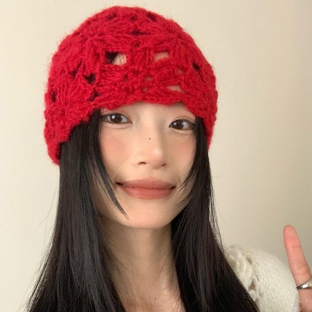 Handmade Crochet Flower Hat Solid Color Beanies Cap Casual Knitted Pullover Hat  Girls