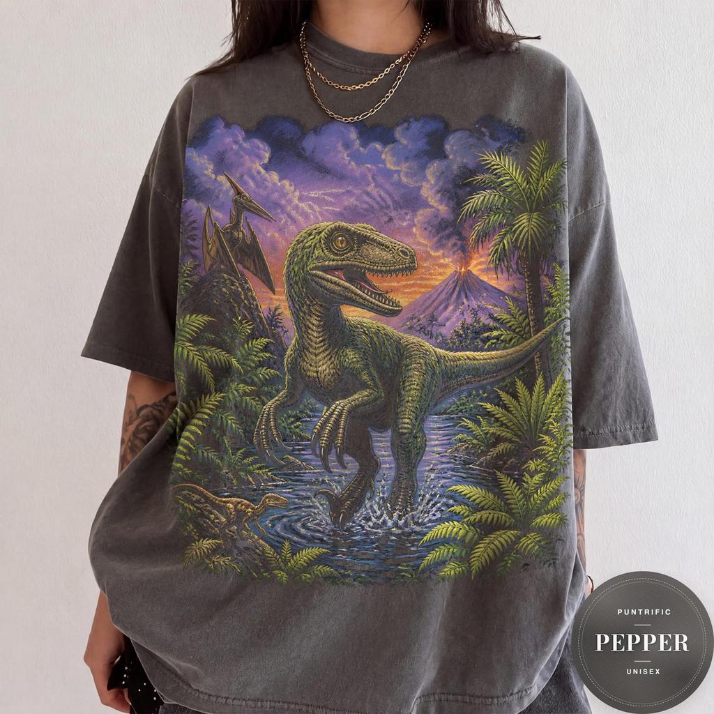 Vintage Velociraptor 90s Graphic Tee, Retro Dinosaur Scene Shirt, 80s Paleontology T-Shirt, Raptor Fossil Tee, Dinosaur Lover Gift for Him