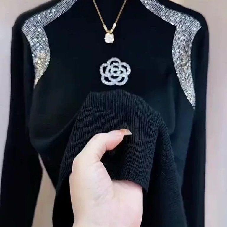 Женский свитер с полувысоким воротником и стразами, однотонный, эластичной вязки, пуловер, осень, зима