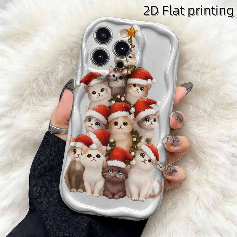 Милый Рождественский Кото-Дерево Чехол для Телефона для iPhone 17 16 15 14 13 12 11 Pro Max, Волнистый Кремово-Белый Мягкий ТПУ Защитный Чехол
