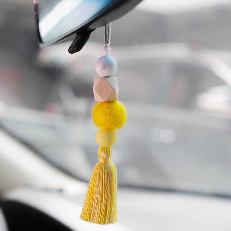 Car Aromatherapy Pendant Hanging Ornaments Natural Wood Beads Felt Ball Hanging Ornaments Perfume Diffuser Car Accessories