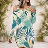 Women Plus Size One Shoulder Long Sleeve Leaf Printed Bodycon Mini Dress