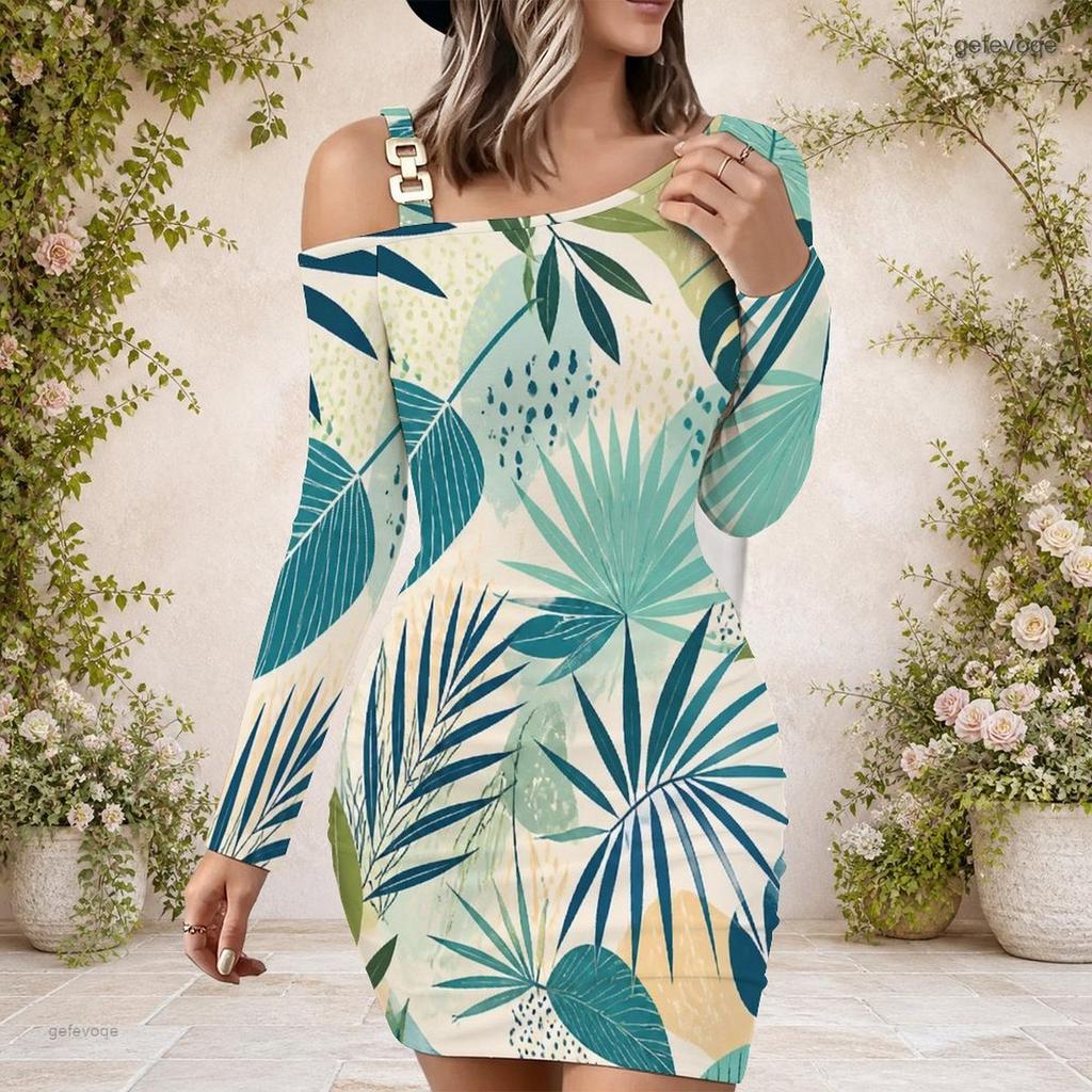 Women Plus Size One Shoulder Long Sleeve Leaf Printed Bodycon Mini Dress