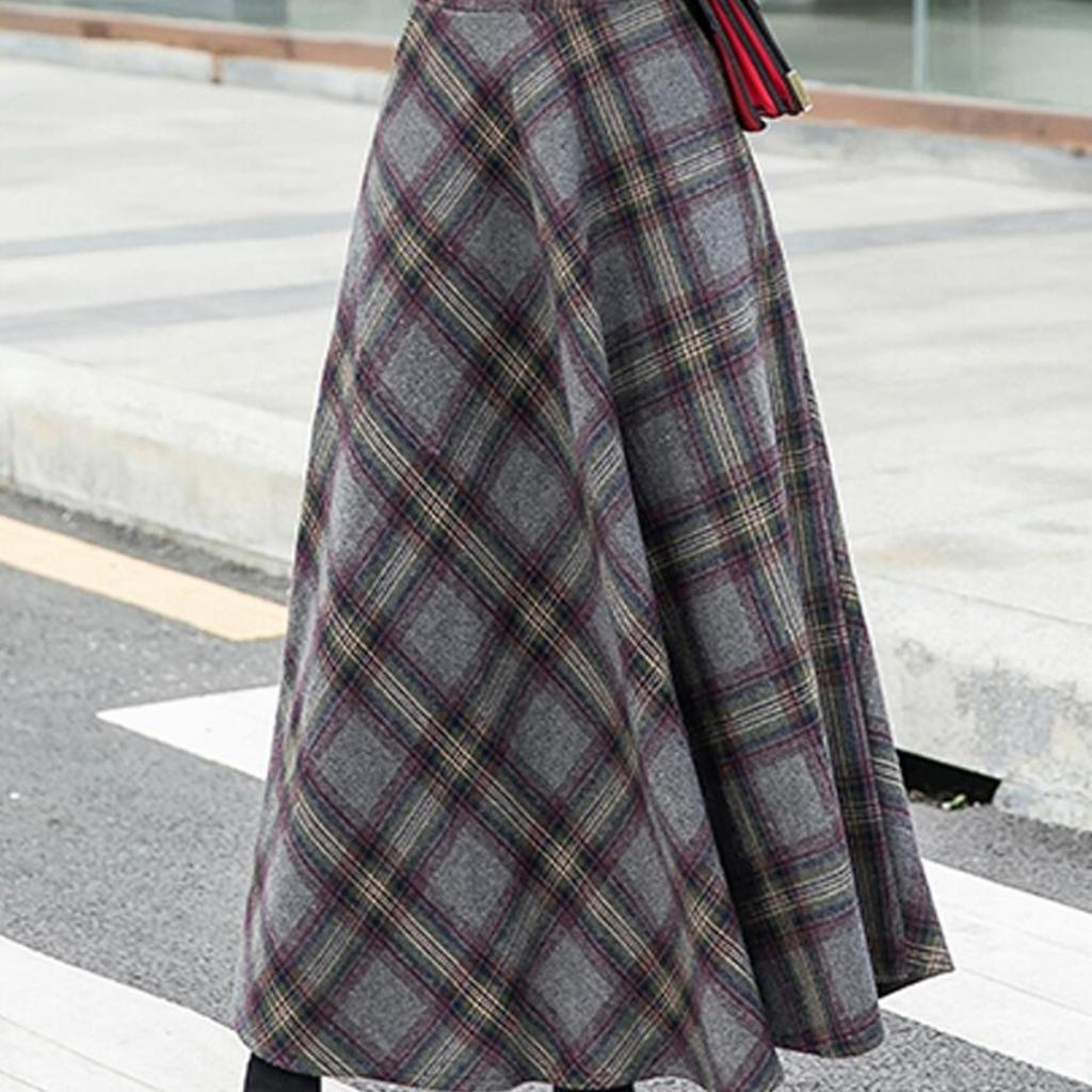 Tooxika: женская юбка средней длины, шерстяная длинная юбка, высокая талия, универсальный клетчатый узор, большой подол, длинная юбка-трапеция