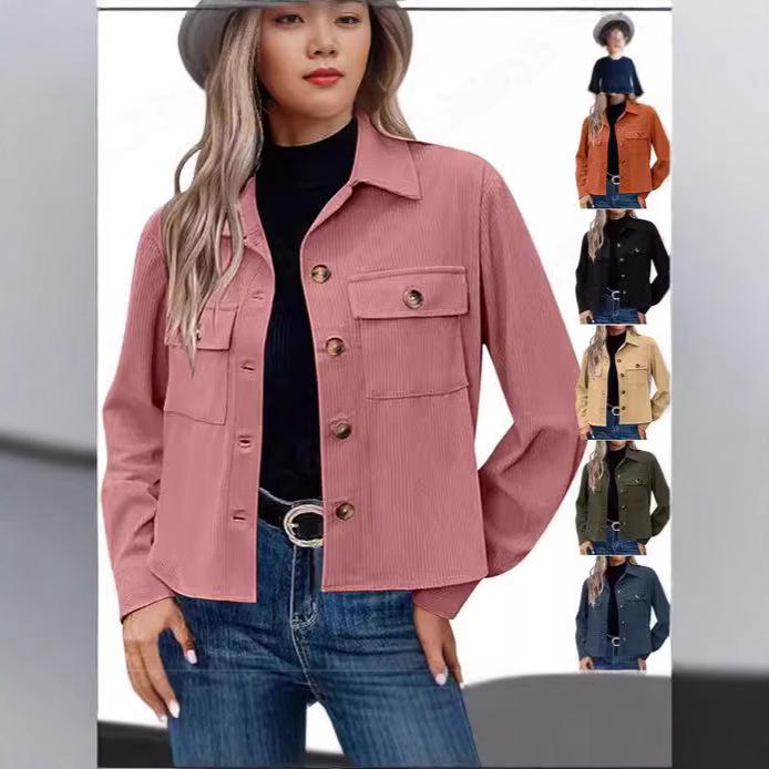 2024 Trendy Women's Casual Corduroy Crop Jacket: European & American Style Button-Up Cardigan