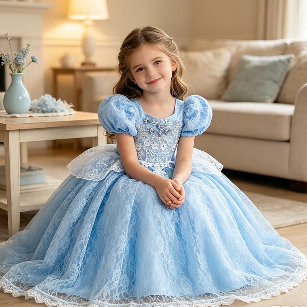 Girls New Year Blue Long Dress for Kids Christmas Birthday Party Dresses Butterfly Cinderella Cosplay Costumes Chidren Outfits