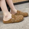 Flat Shoes Spring New Style Round Head Cow Suede Crystal Rivets Metal Buckle Soft Sole Anti-slip Wear-resistant Slippers