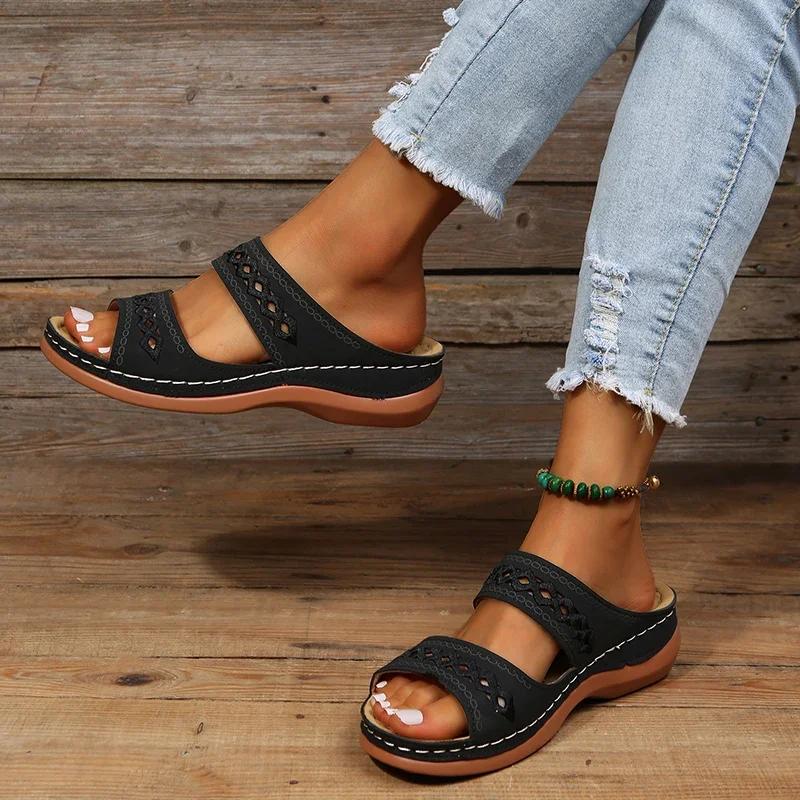 Women Open Toe Summer Shoes Women New Comfort Double Buckle Wedge Ladies Sandals Plus Size Platform Shoes Casual Slippers Women