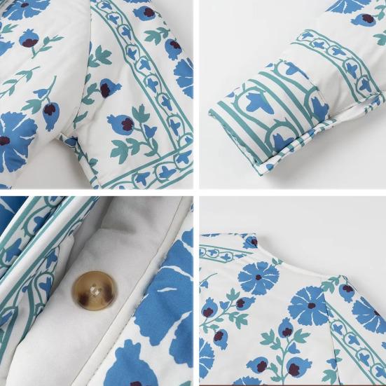 Женская стеганая куртка с цветочным принтом, пуховик с длинным рукавом, круглым вырезом, застегивающийся на пуговицы, верхняя одежда, пальто с поясом